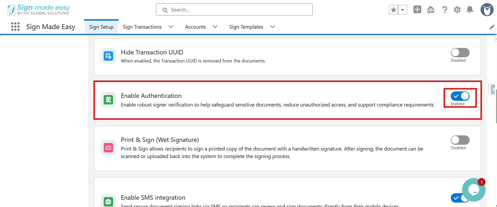 Enable Authentication to verify recipients before accessing signature requests